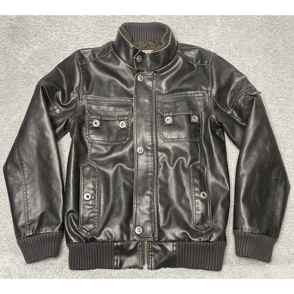 Guess USA Heavy Brown Faux Leather Lined Quilted Bomber Jacket‎ Men's Size Small